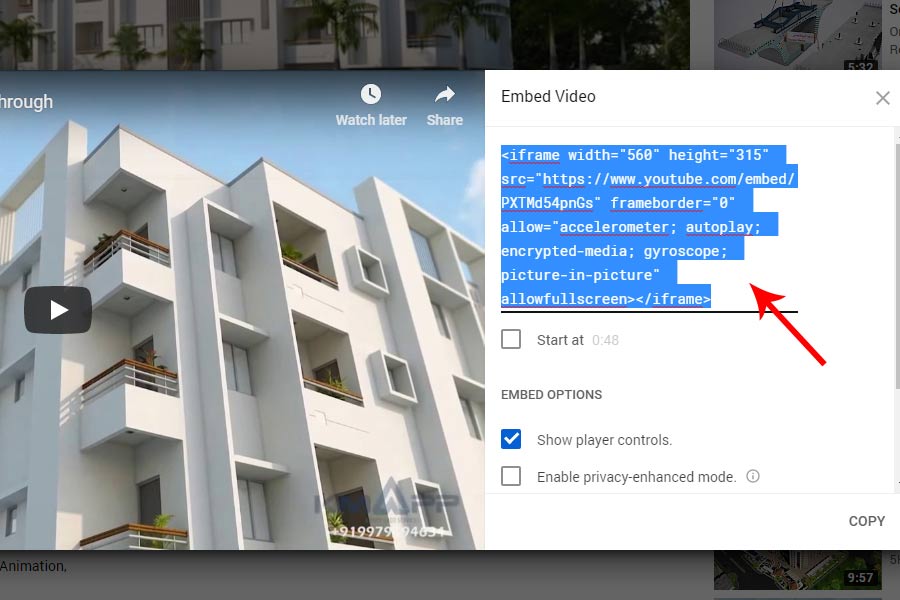 copy the embed code provided by YouTube