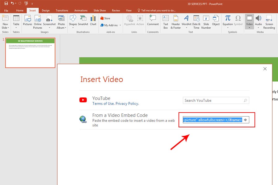 copy the embed code in the insert video option