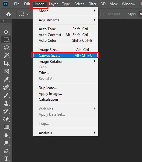 select canvas size option from image menu